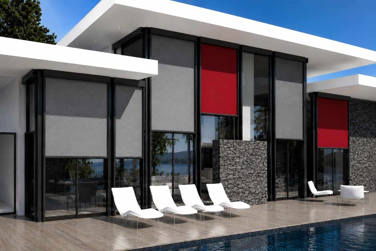 Moderne Glasfassade mit grauen und roten ZipTex Textilscreens